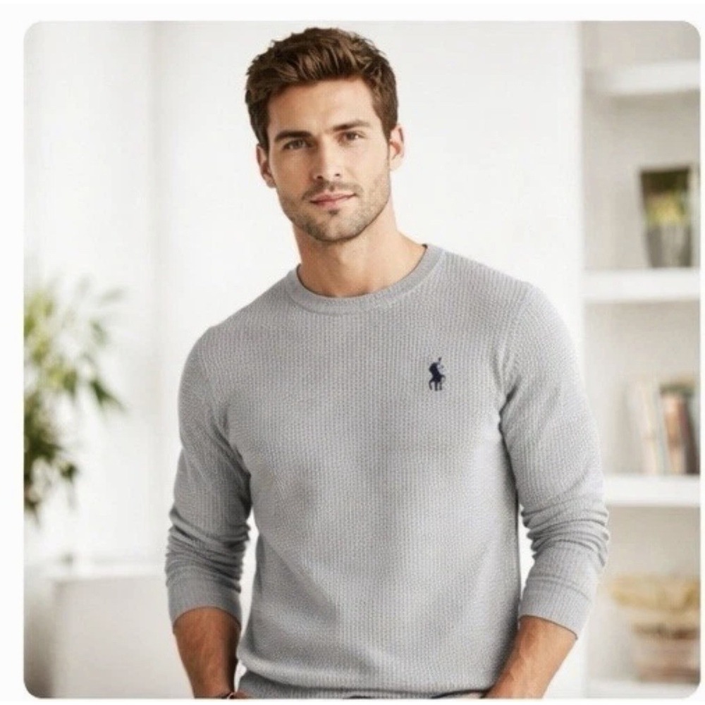 Polo Ralph Lauren Men's Medium Thermal Gray Waffle Knit Long Sleeve Shirt Cotton